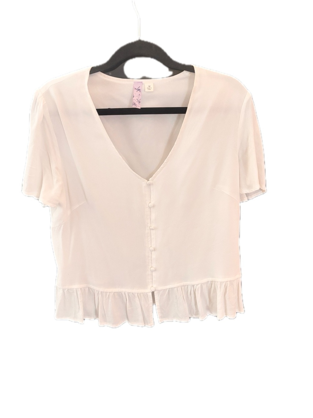 Alya Cream Short Sleeve V-Neck Button-Front Blouse with Ruffle Hem